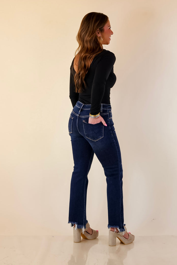 Risen | Effortless Essential Ankle Length Crop Destroyed Hem Straight Slim Jean in Dark Wash