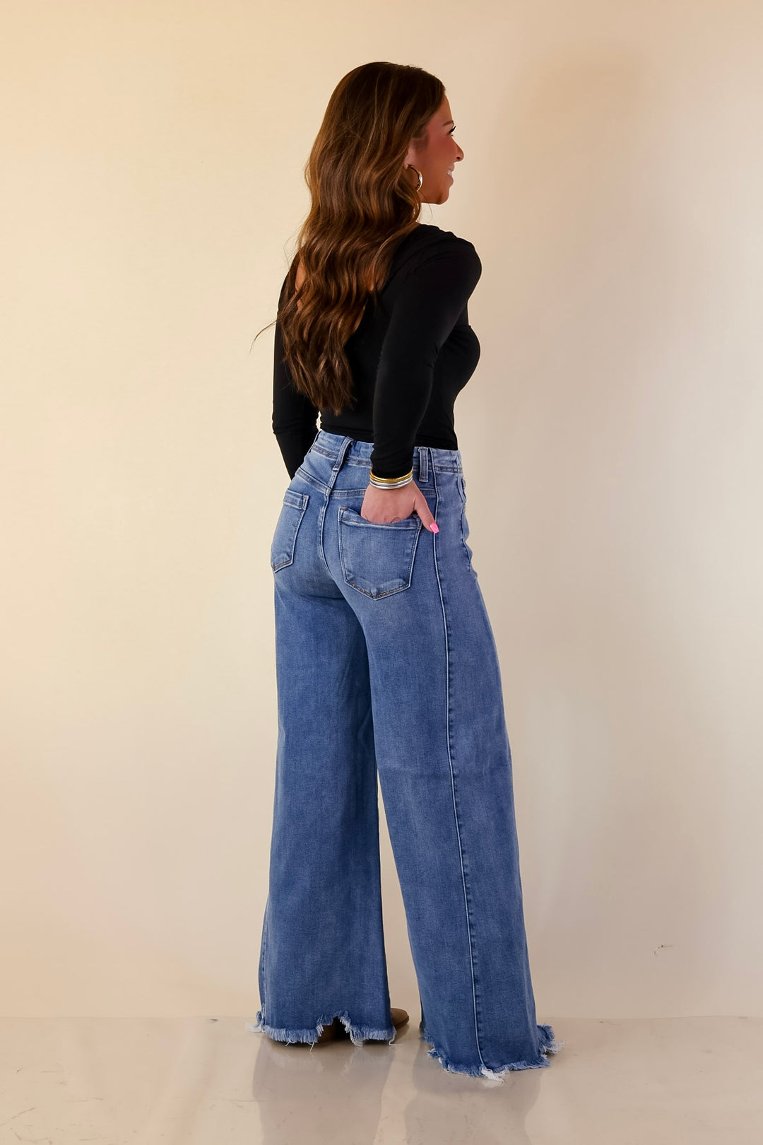 Risen | Holding Steady Wide Leg Raw Hem Jeans in Medium Wash