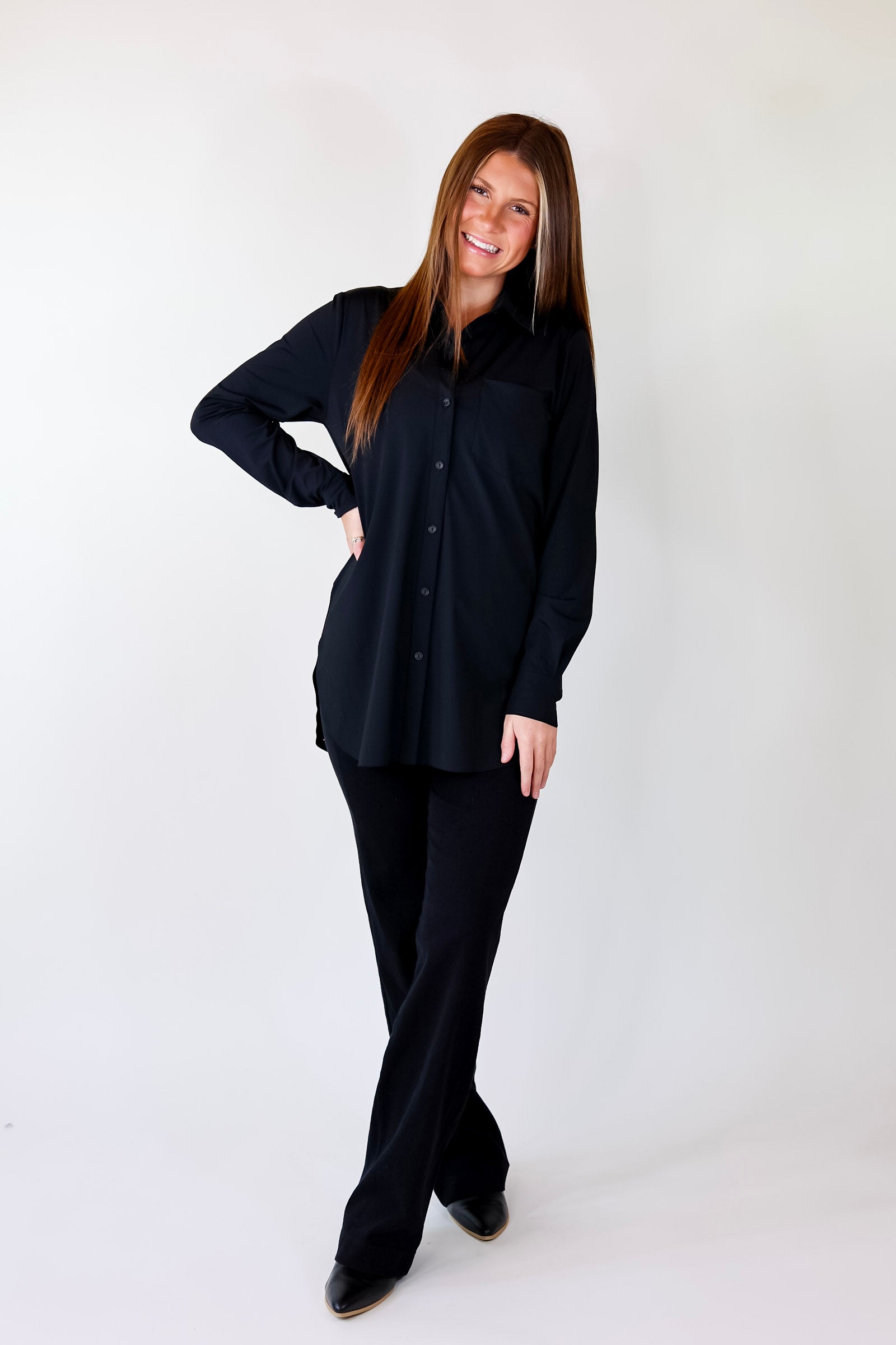 Lyssé | Schiffer Button Down Dress Shirt in Black - Giddy Up Glamour Boutique