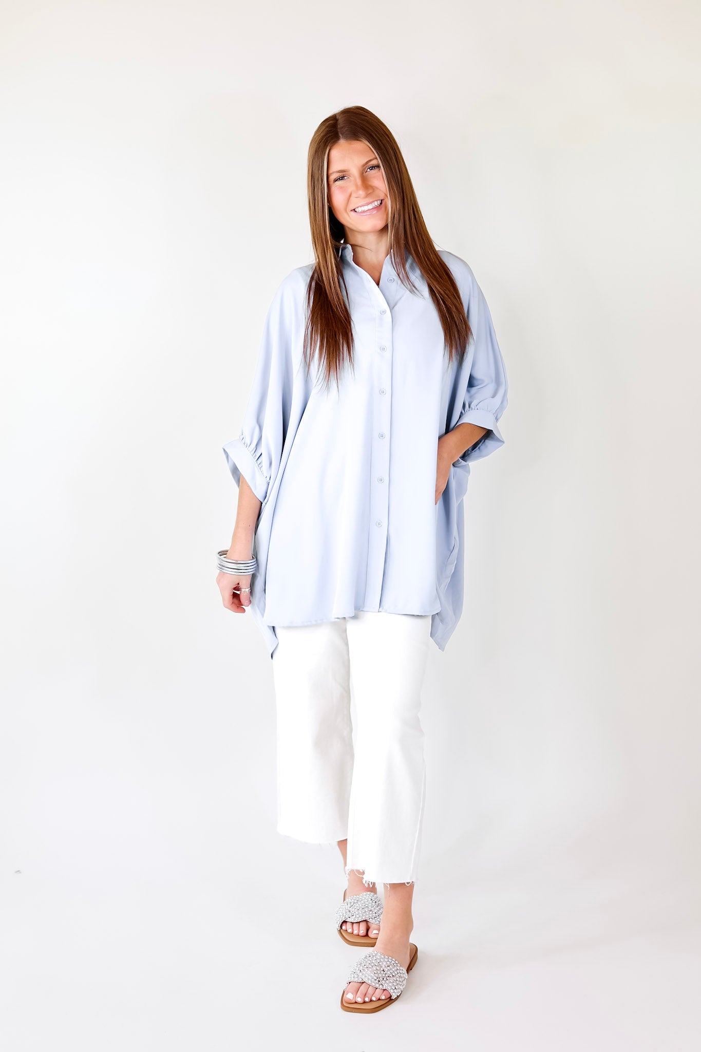 City Lifestyle Button Up Half Sleeve Poncho Top in Light Blue - Giddy Up Glamour Boutique