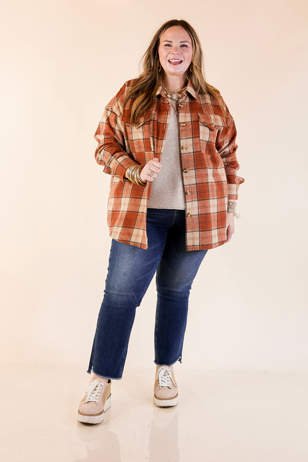 Kindness Everywhere Button Up Plaid Shacket in Burnt Orange