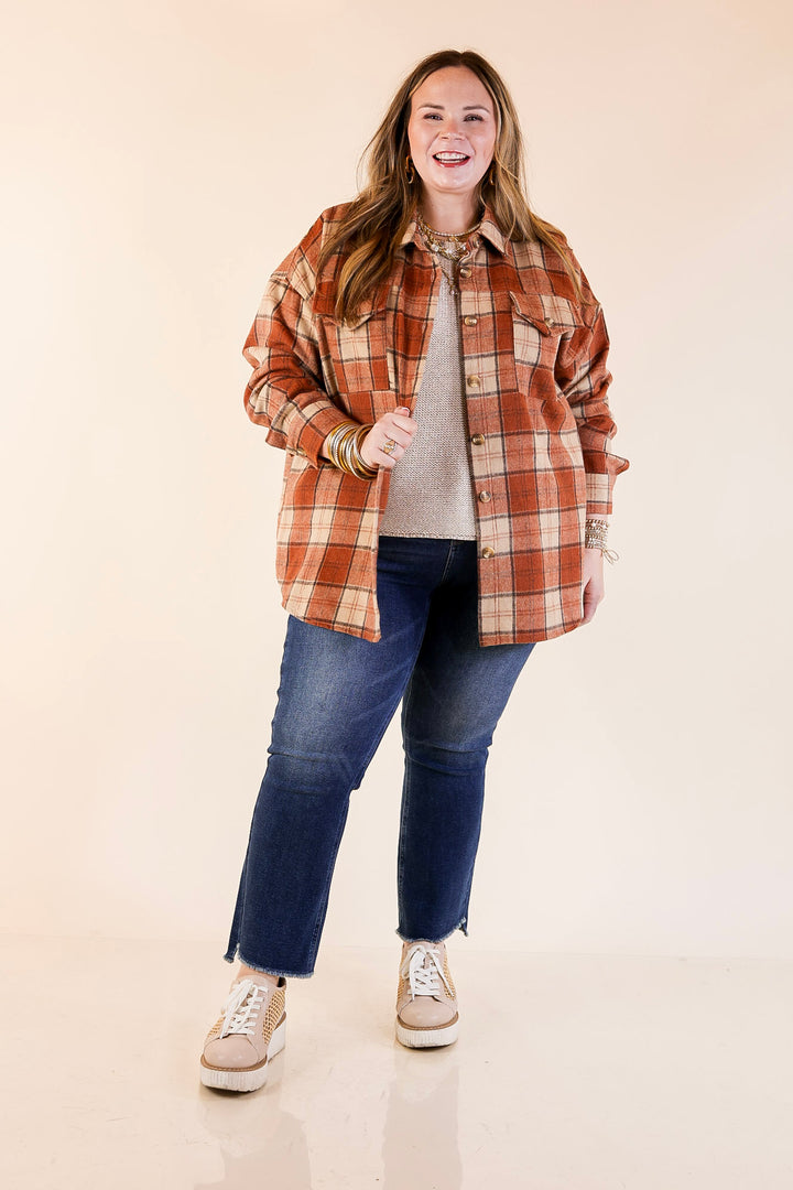 Kindness Everywhere Button Up Plaid Shacket in Burnt Orange