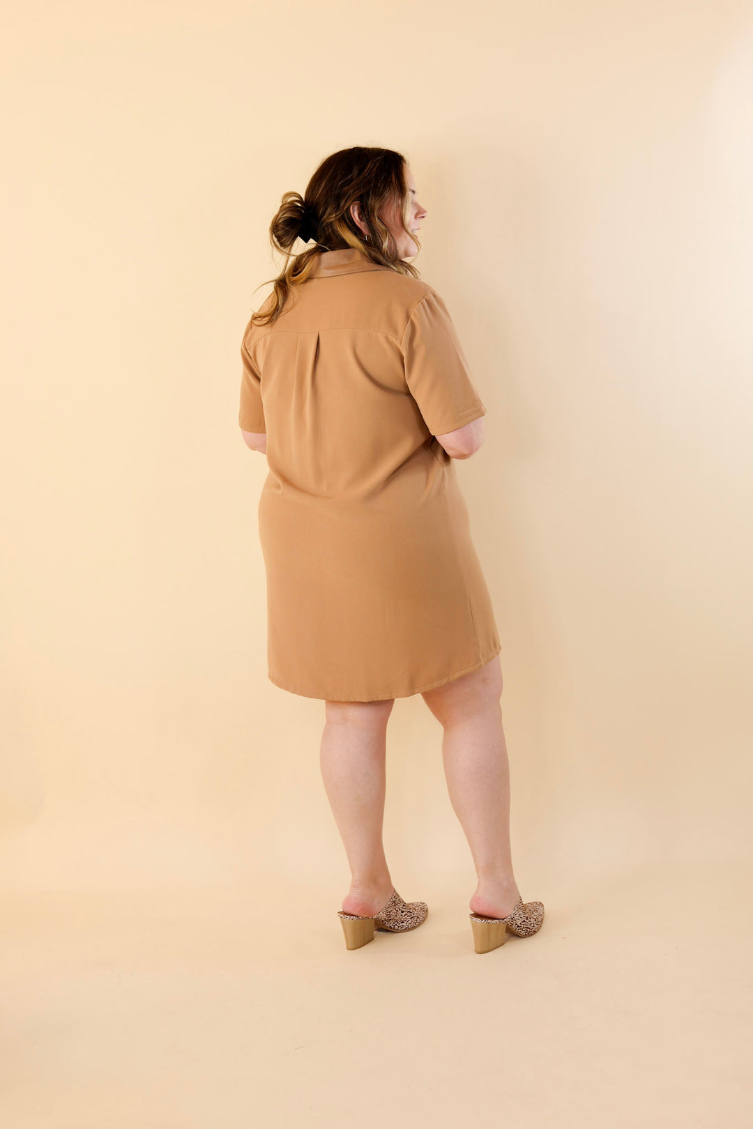 Put Your Records On Button Up Faux Leather Trim Dress in Camel Brown - Giddy Up Glamour Boutique