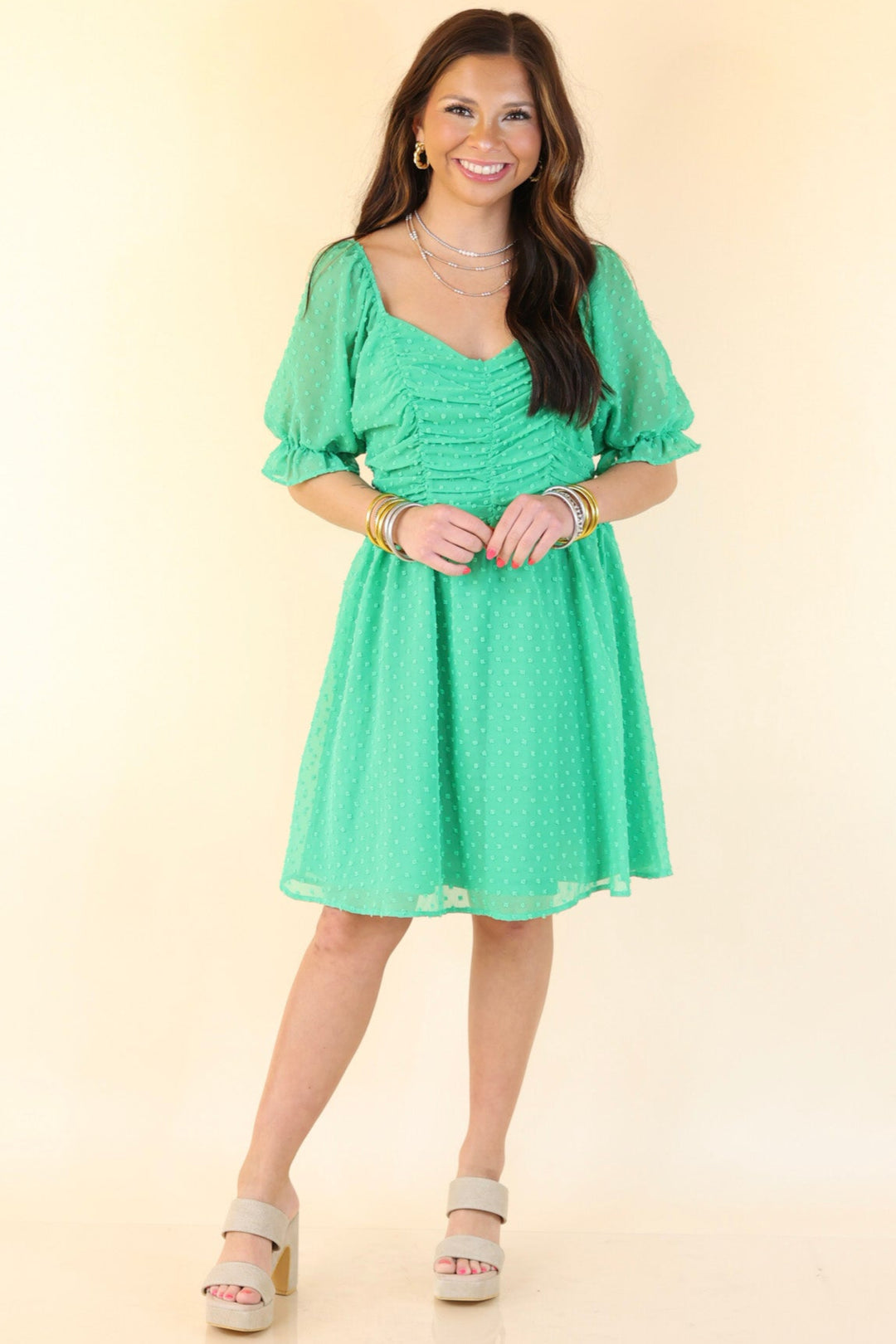 Favorite Adventure Swiss Dot Dress with Short Balloon Sleeves in Green