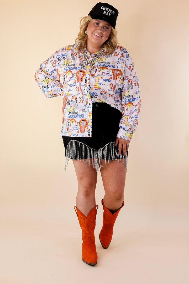 The Cowgirl Way Button Up Multi Color Music Print Top in White - Giddy Up Glamour Boutique