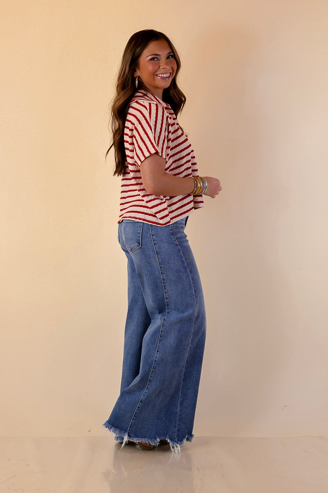 Simply Said Striped Drop Shoulder Collared Cropped Top in Ivory with Red Stripes