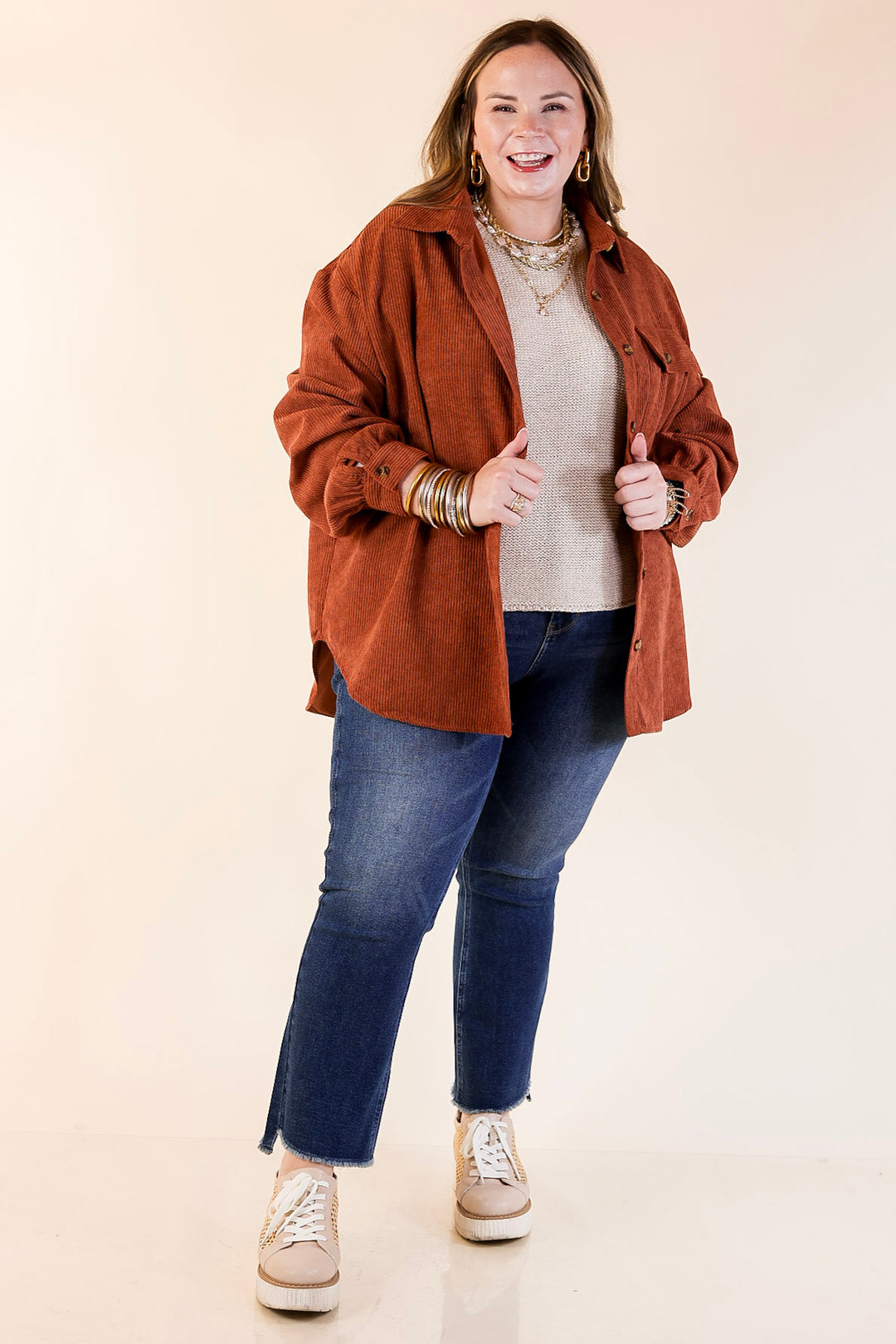 Latte Sips Button Up Corduroy Shacket in Rust