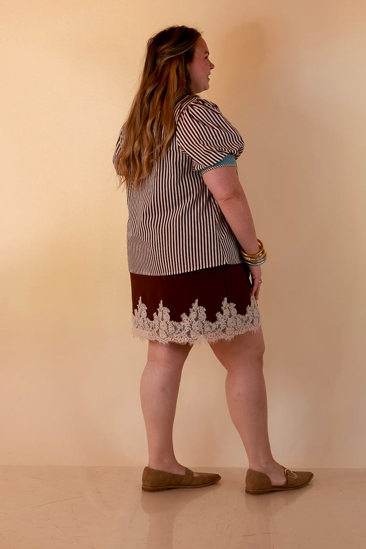 Pop of Polish Short Puff Sleeve Button Front Top with Contrast Trim in White, Chocolate Brown and Blue