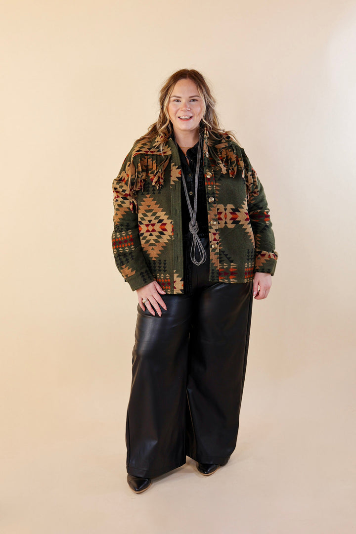 Take Over Aztec Print Button Up Jacket with Fringe in Olive Green - Giddy Up Glamour Boutique