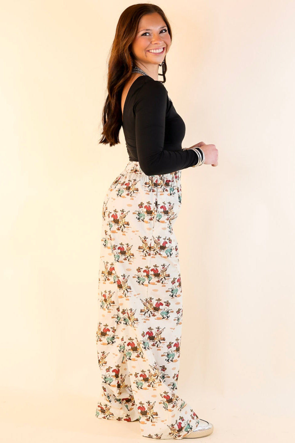 Newest Trend Cowboy Print Cotton Pants with Elastic Waistband in Ivory