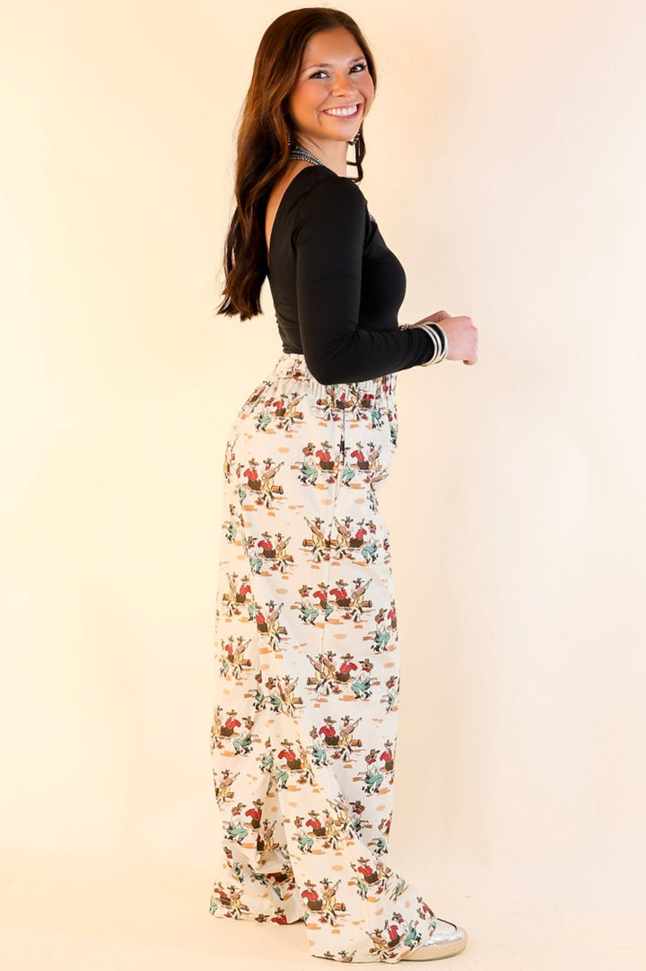 Newest Trend Cowboy Print Cotton Pants with Elastic Waistband in Ivory