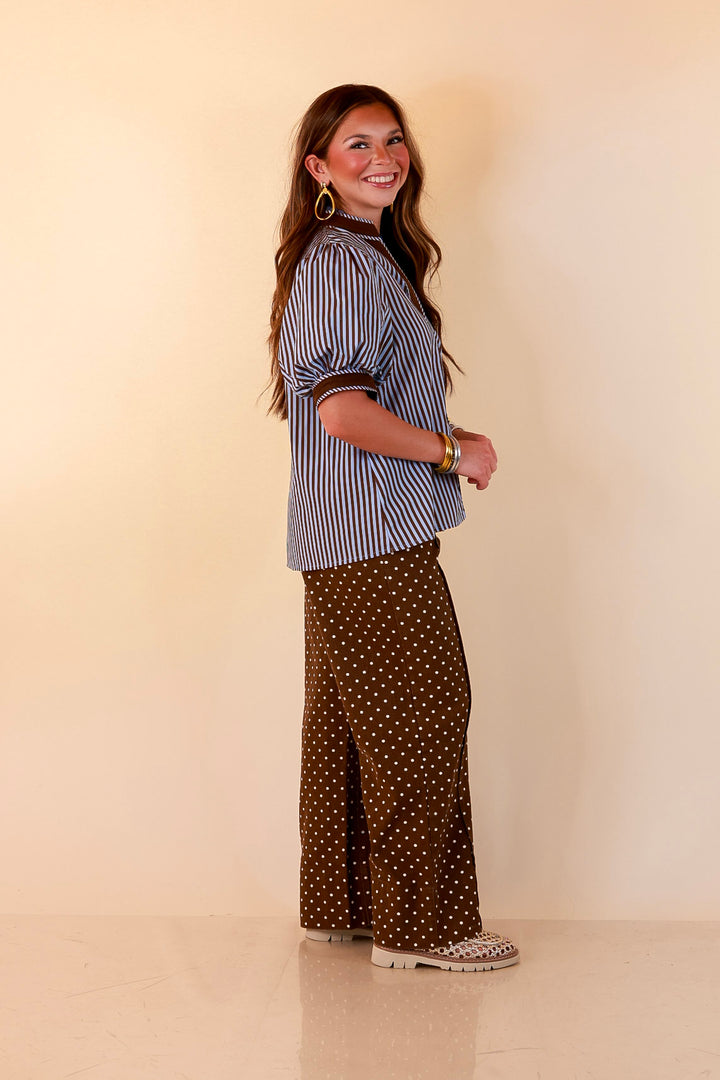 Pop of Polish Short Puff Sleeve Button Front Top with Contrast Trim in Blue and Brown