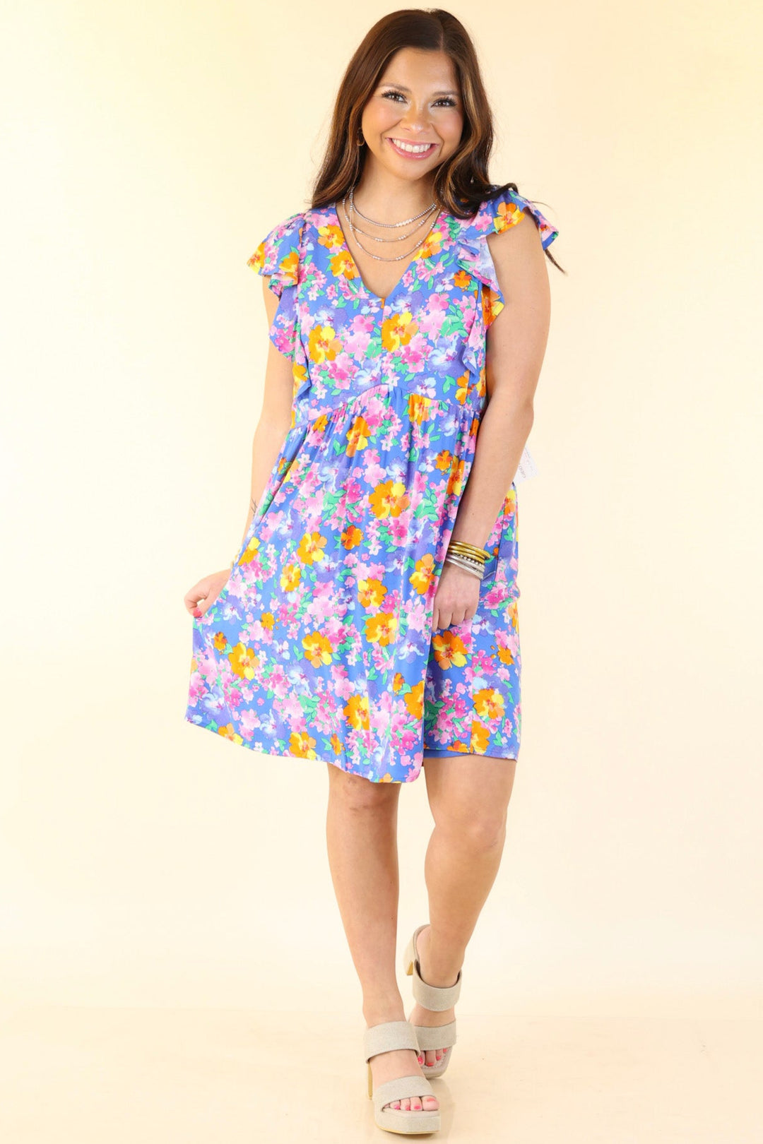 Sunshine On My Mind Floral Ruffle Cap Sleeve Dress in Blue