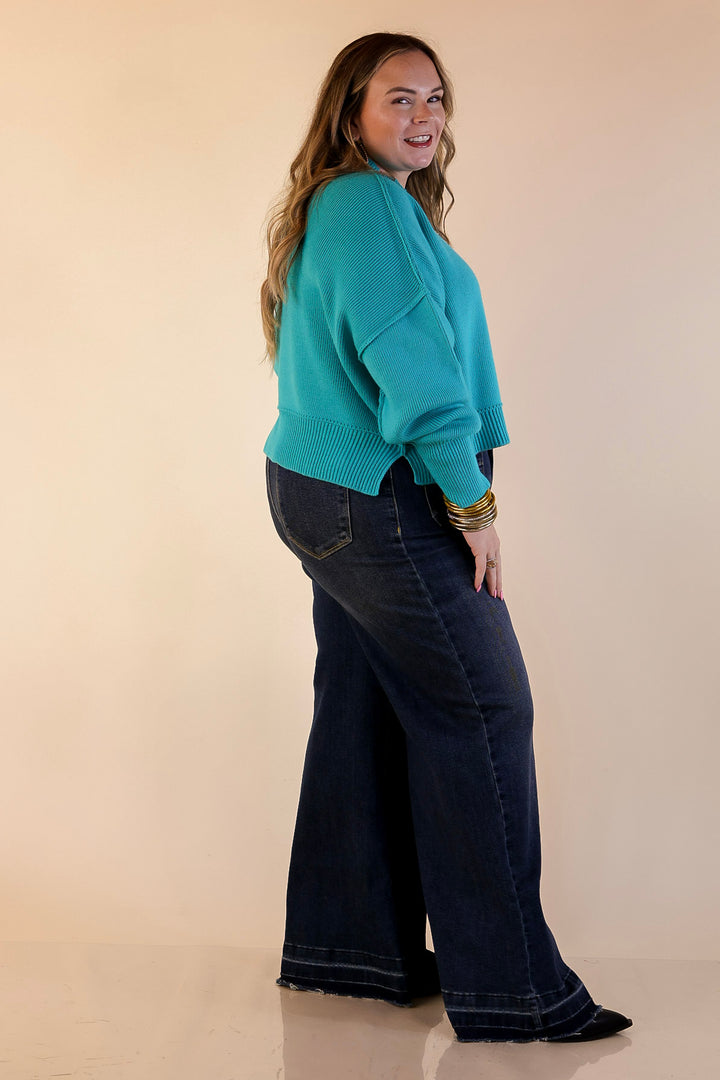 Fireside Fit Cropped Long Sleeve Mock Neck Sweater in Turquoise Blue