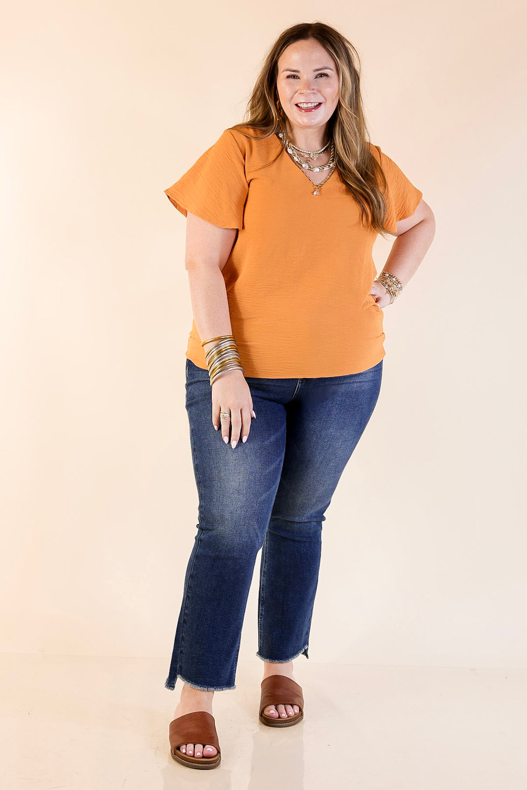 Best Intentions V Neck Short Sleeve Top in Apricot Orange