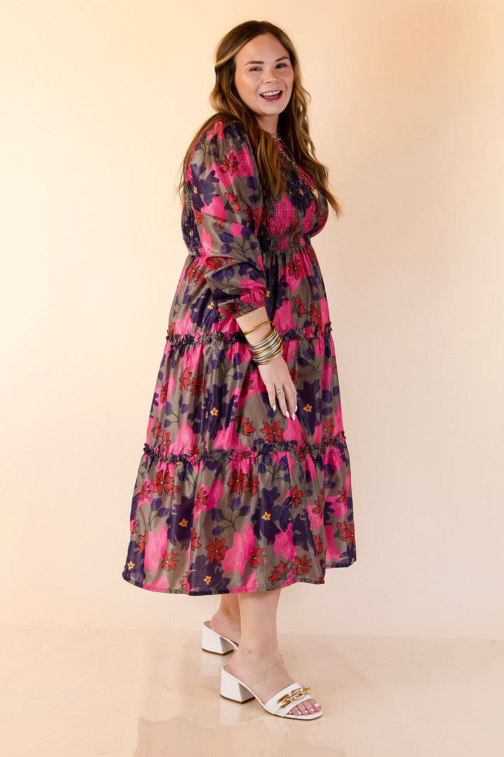 Mud Pie | Shaffer Smocked Bodice Long Sleeve Midi Dress with Tiered Skirt in Pink Mix