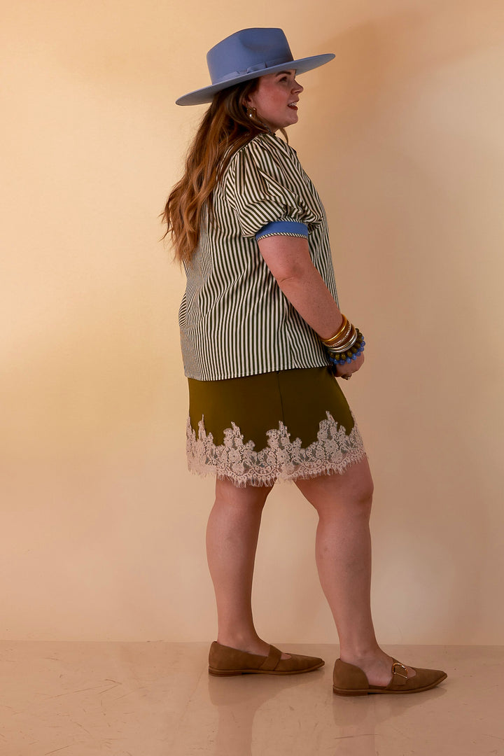Pop of Polish Short Puff Sleeve Button Front Top with Contrast Trim in White, Olive Green and Periwinkle Blue