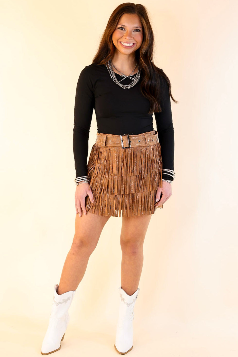 Cowboy Killer Crystal Fringe Mini Skort in Camel Brown