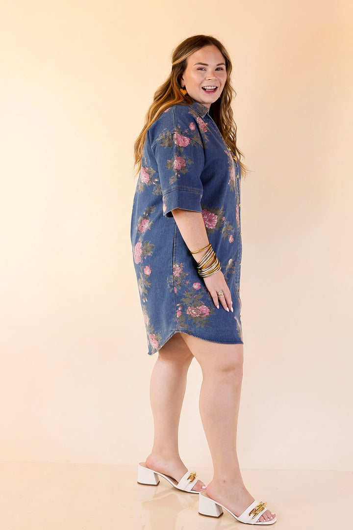 Flirting with Florals Floral Denim Shirt Dress with Gold Button Detail in Classic Blue Denim