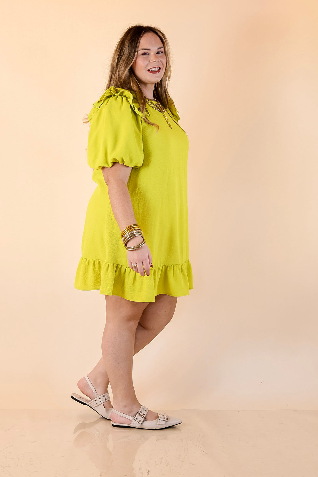 Brighter Days Ahead Textured Fabric Ruffle Sleeve Solid Dress in Chartreuse Green