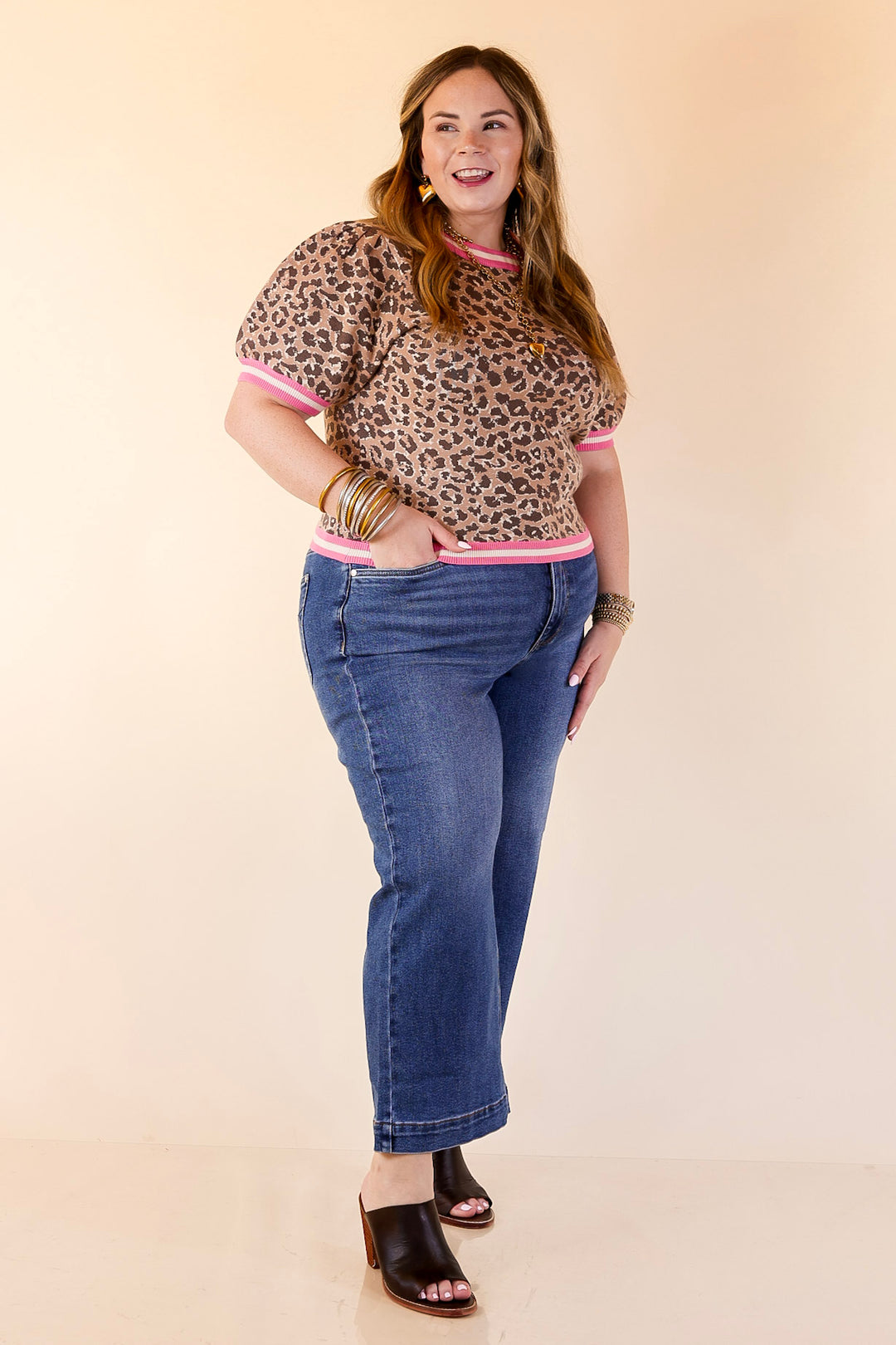 Feline Fine Leopard Print Short Sleeve Sweater with Contrast Trim in Pink