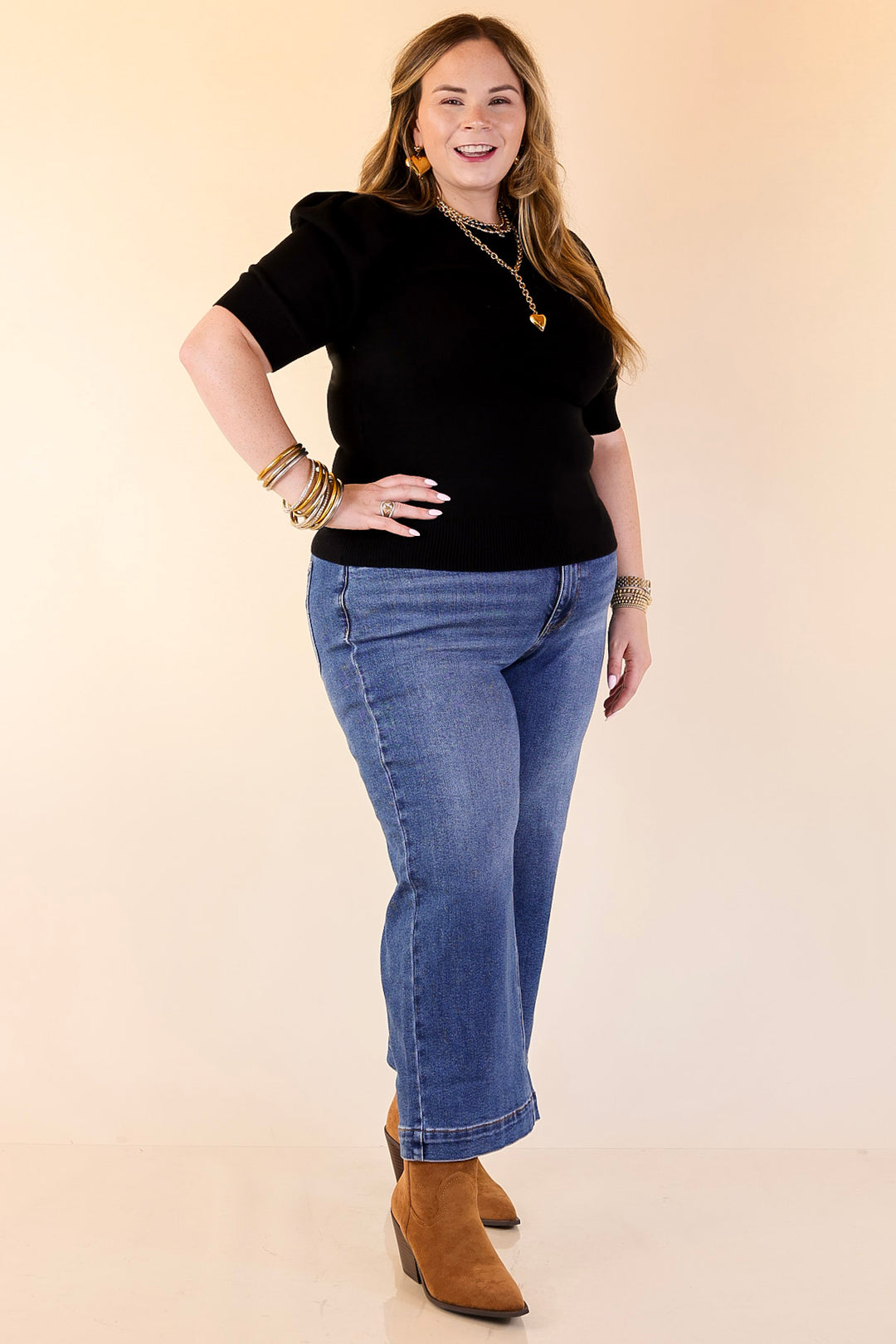 Sweet Sophistication Puff Short Sleeve Knit Sweater with Scoop Neck in Black