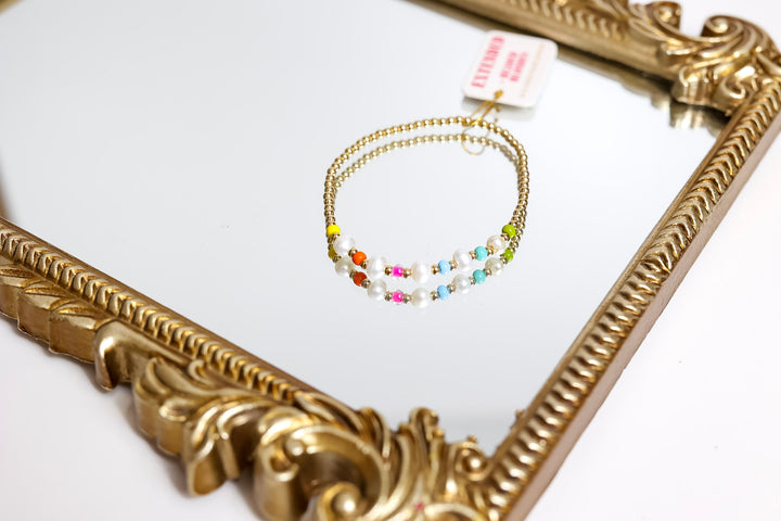 Beaded Blondes | Beach Rainbow Bracelet in Gold with Pearl Accents