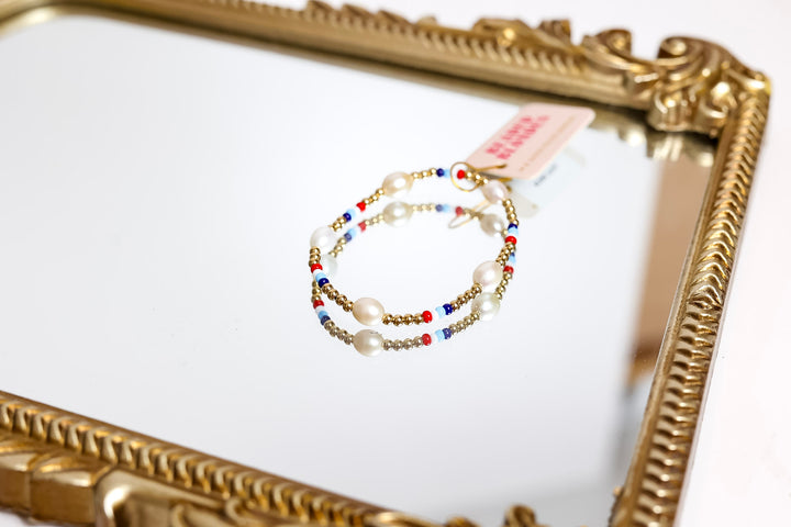 Beaded Blondes | Red, White & Blues Pearl Gold Stretchy Poppi Bracelet