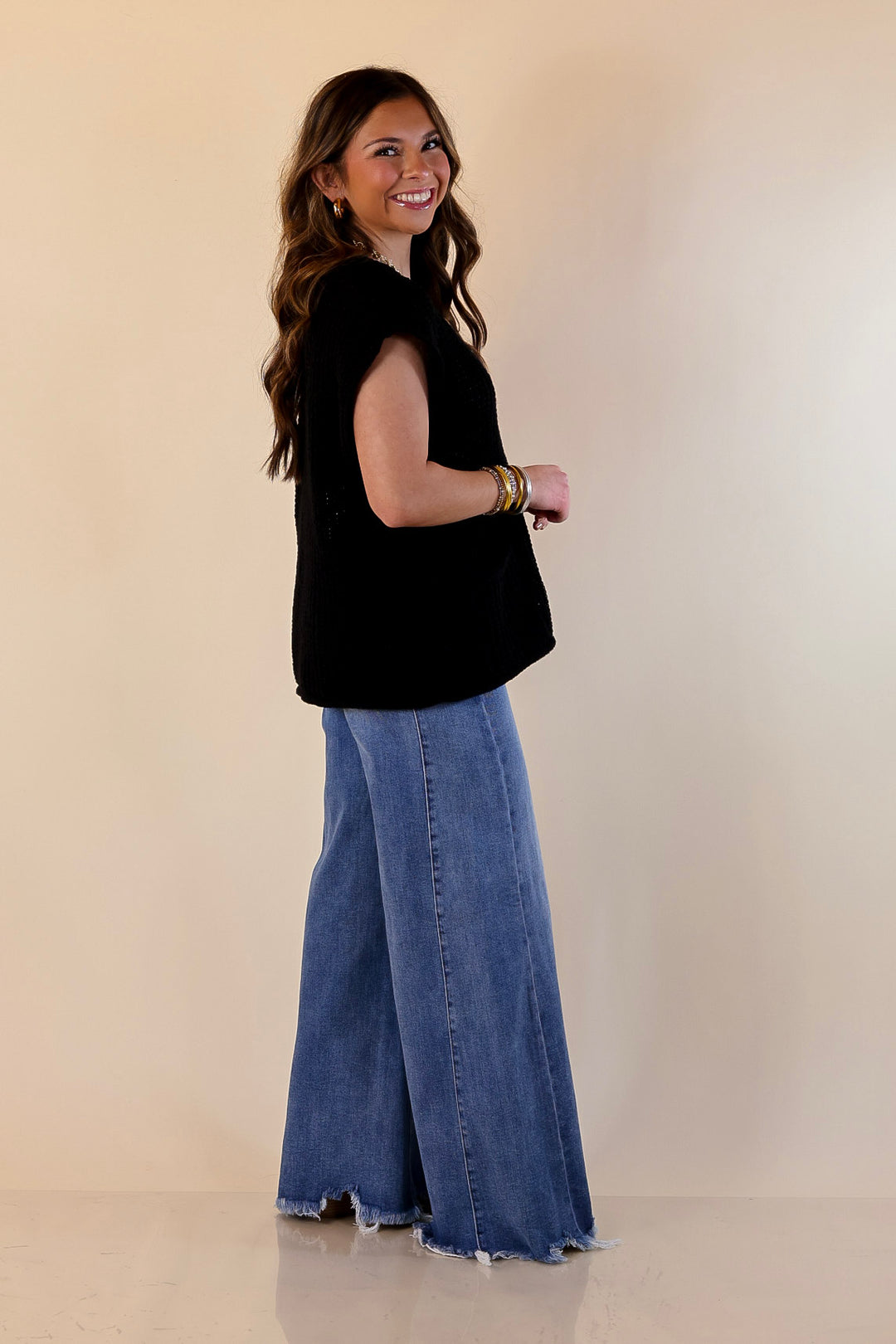 Always Effortless Oversized Button Down Large Knit Sweater Vest in Black
