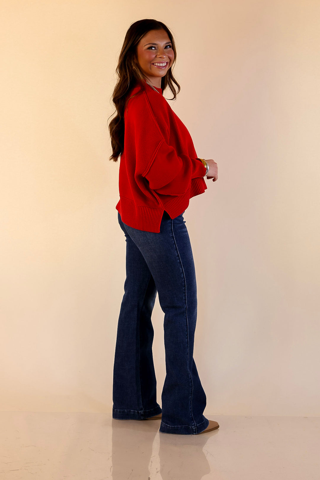 Fireside Fit Cropped Long Sleeve Mock Neck Sweater in Red