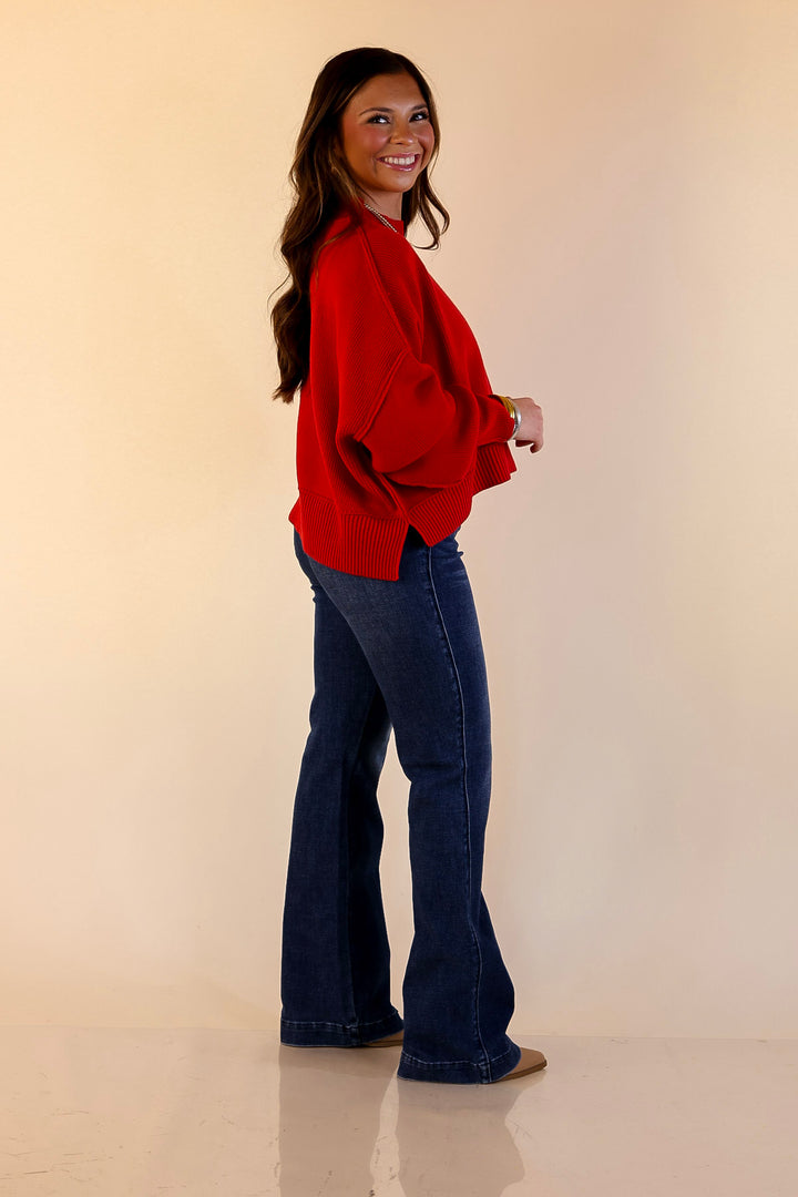 Fireside Fit Cropped Long Sleeve Mock Neck Sweater in Red