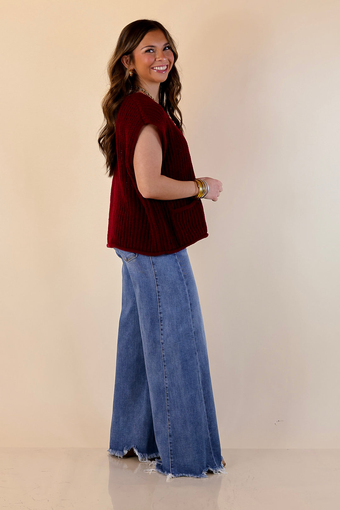 Always Effortless Oversized Button Down Large Knit Sweater Vest in Maroon