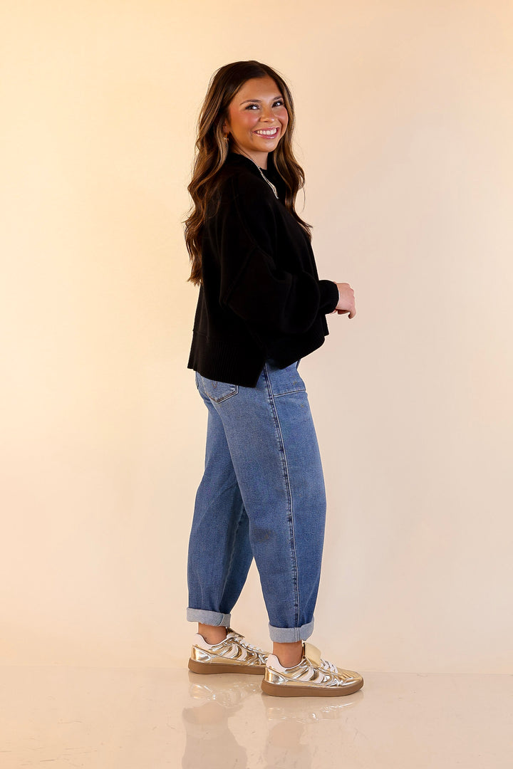 Fireside Fit Cropped Long Sleeve Mock Neck Sweater in Black