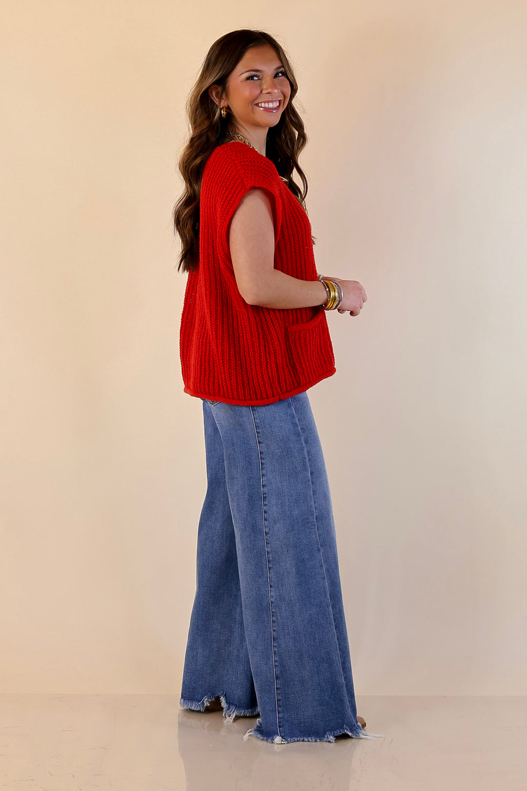 Always Effortless Oversized Button Down Large Knit Sweater Vest in Red