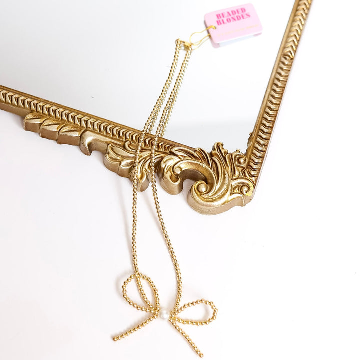 Beaded Blondes | Gold Bow Necklace with Pearl Accent