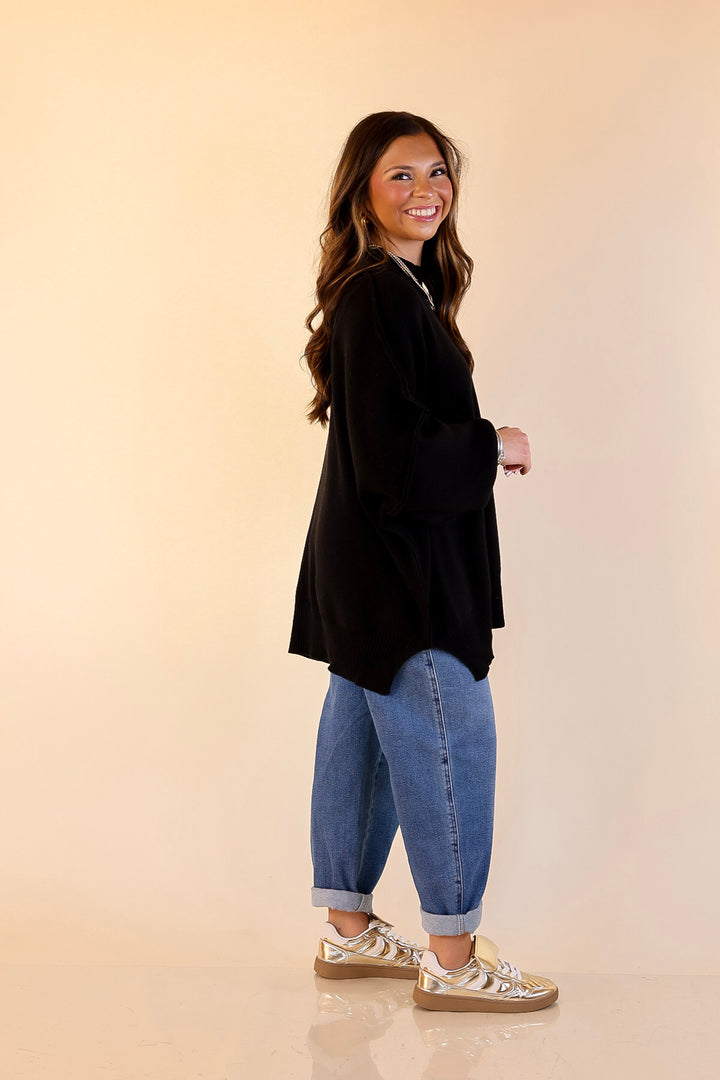 Snug and Stylish Mock Neck Sweater with Side Slit in Black