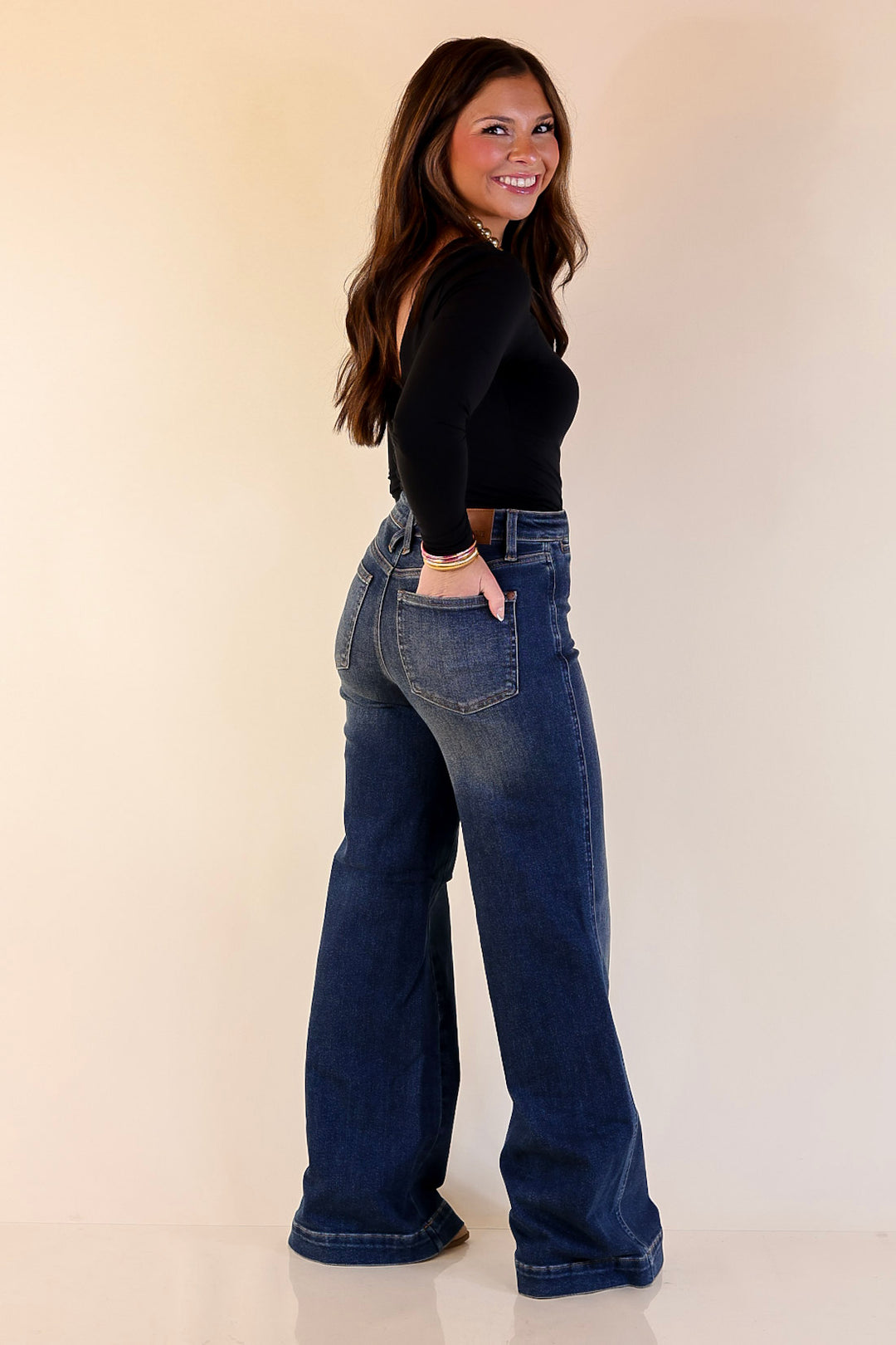 Judy Blue | Perfectly Poised Tummy Control Retro Wide Leg Trouser Jean in Dark Wash