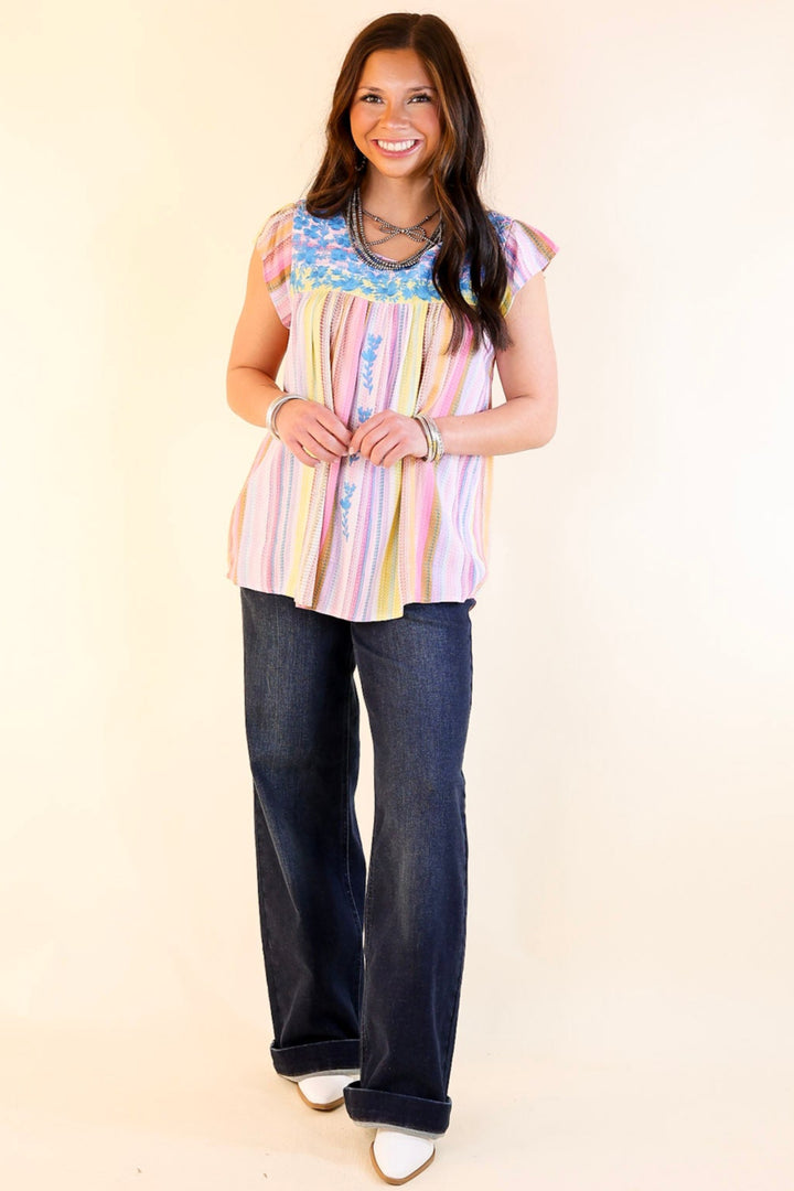 Grab My Hand Serape Ruffle Cap Sleeve Top with Floral Embroidery in Pink Mix
