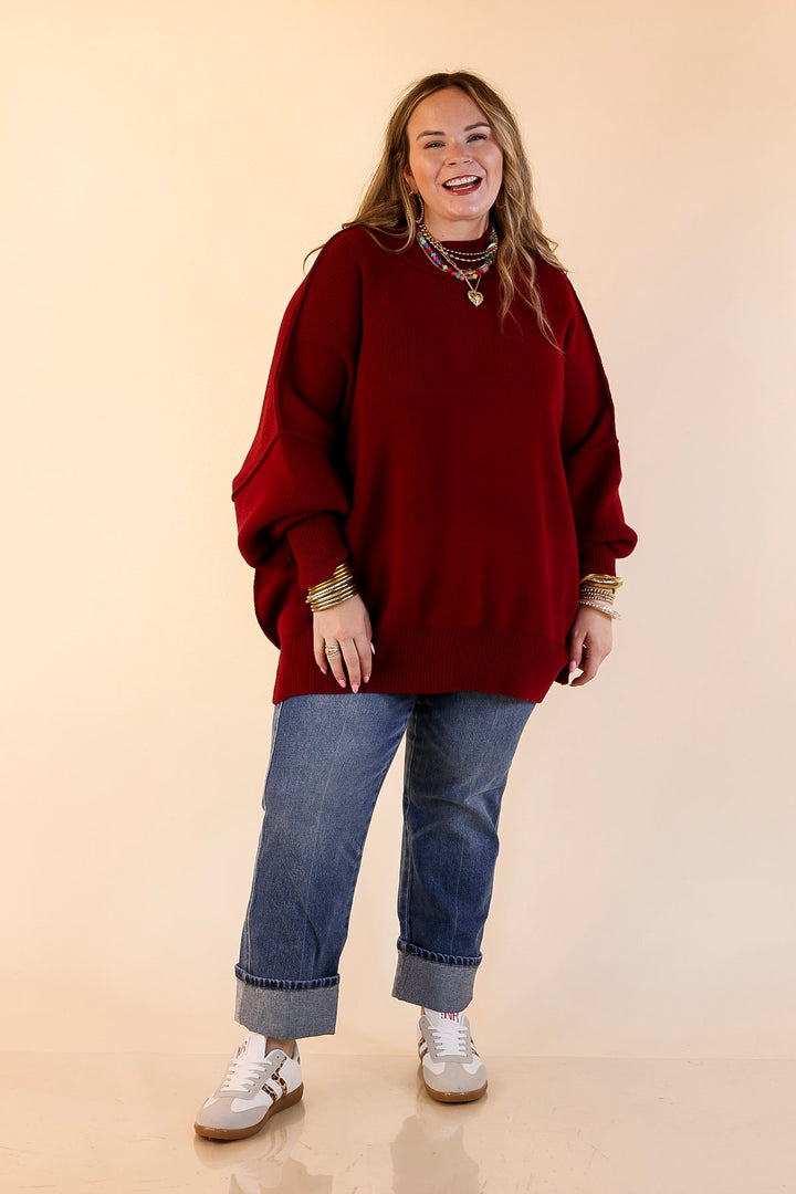 Snug and Stylish Mock Neck Sweater with Side Slit in Maroon