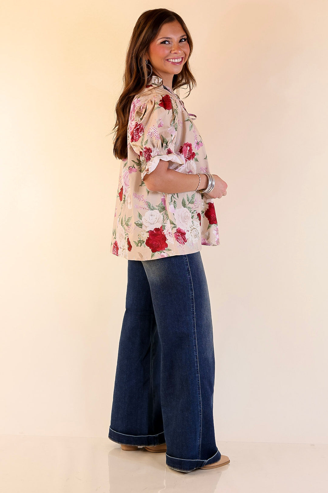 Freshly Picked Floral Print Top with Short Puff Sleeves in Beige