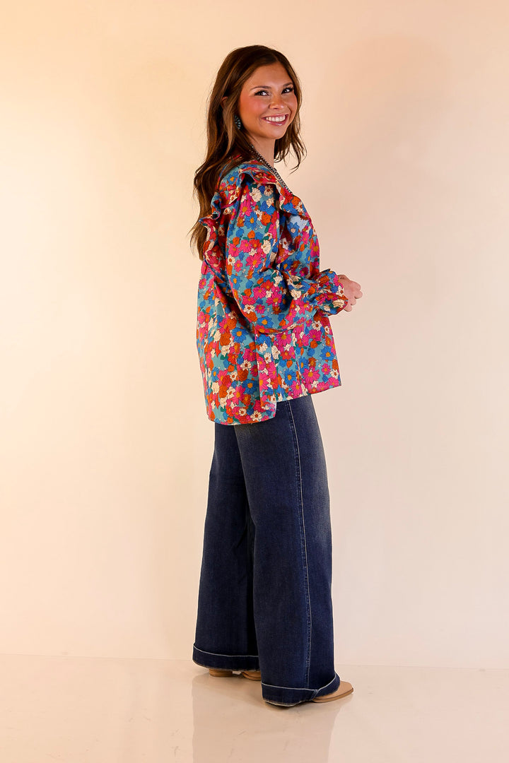 Coffee Perks Floral Ruffle Detail Long Sleeve Top in Turquoise Blue