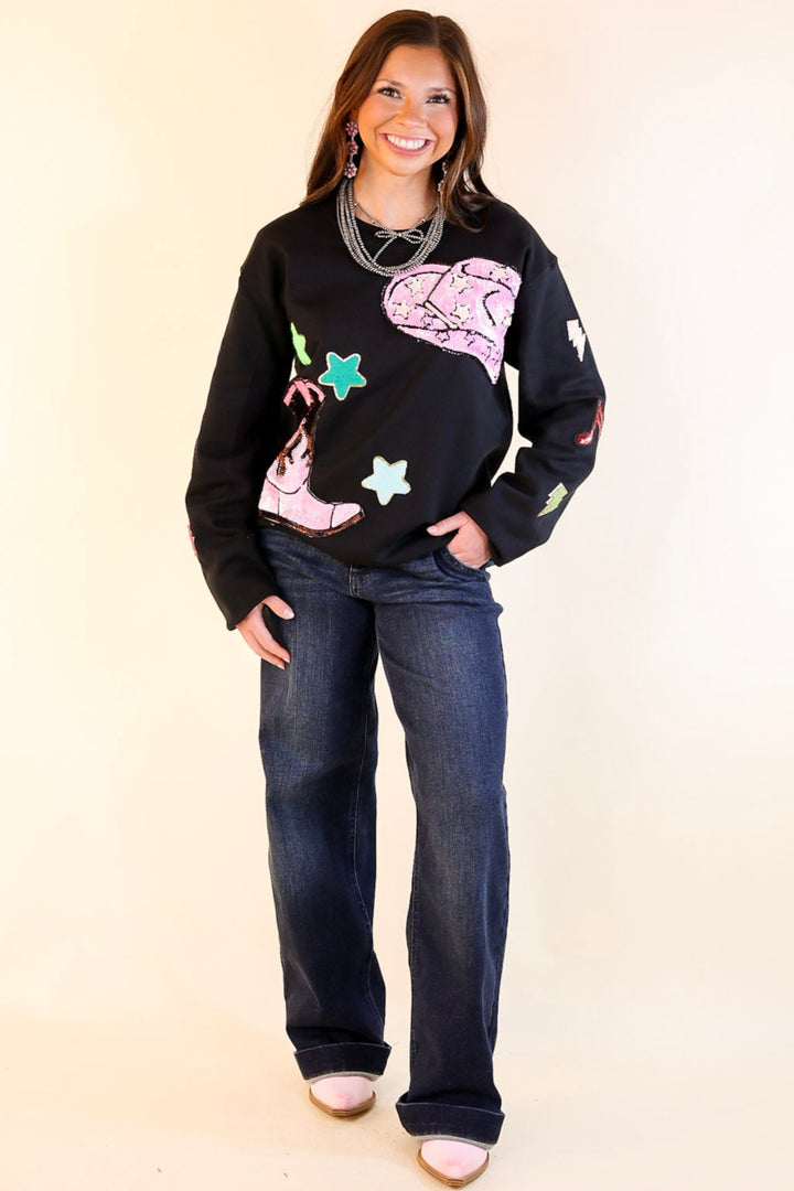 Nashville Lights Chenille and Sequin Patch Graphic Sweatshirt in Black