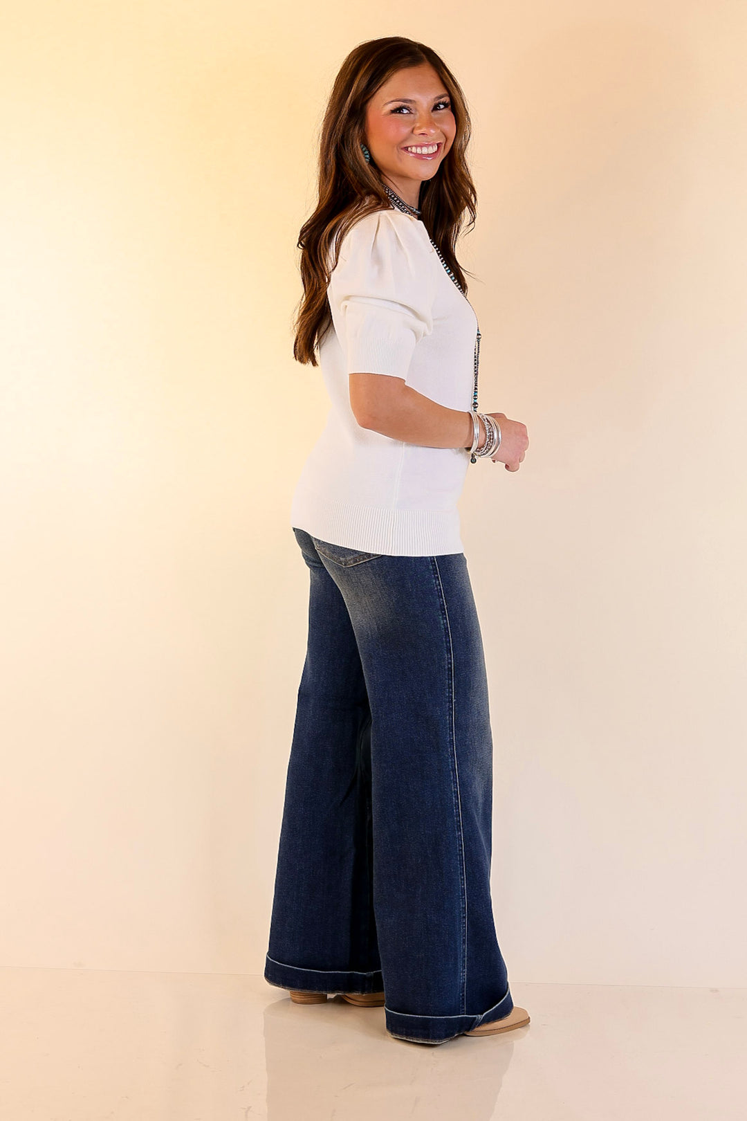 Sweet Sophistication Puff Short Sleeve Knit Sweater with Scoop Neck in Ivory