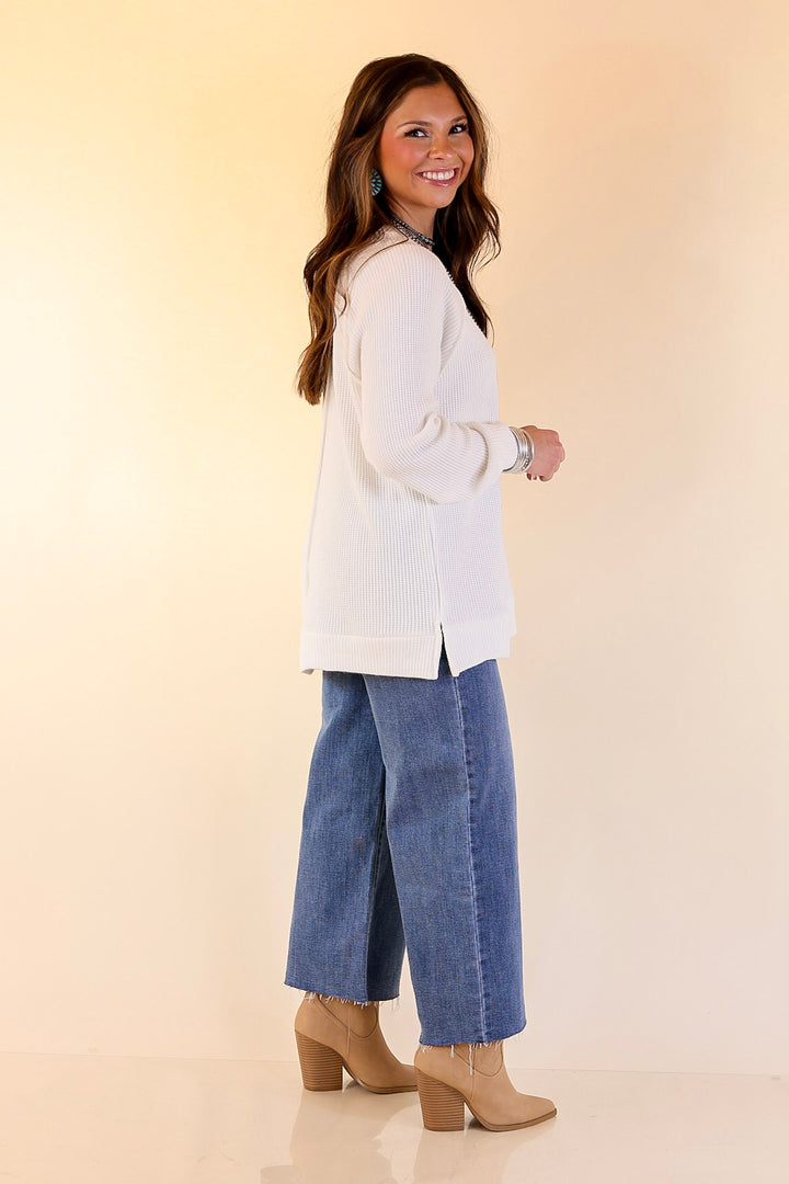 Essentially Chic Waffle Knit Long Sleeve Scoop Neck Top in Ivory