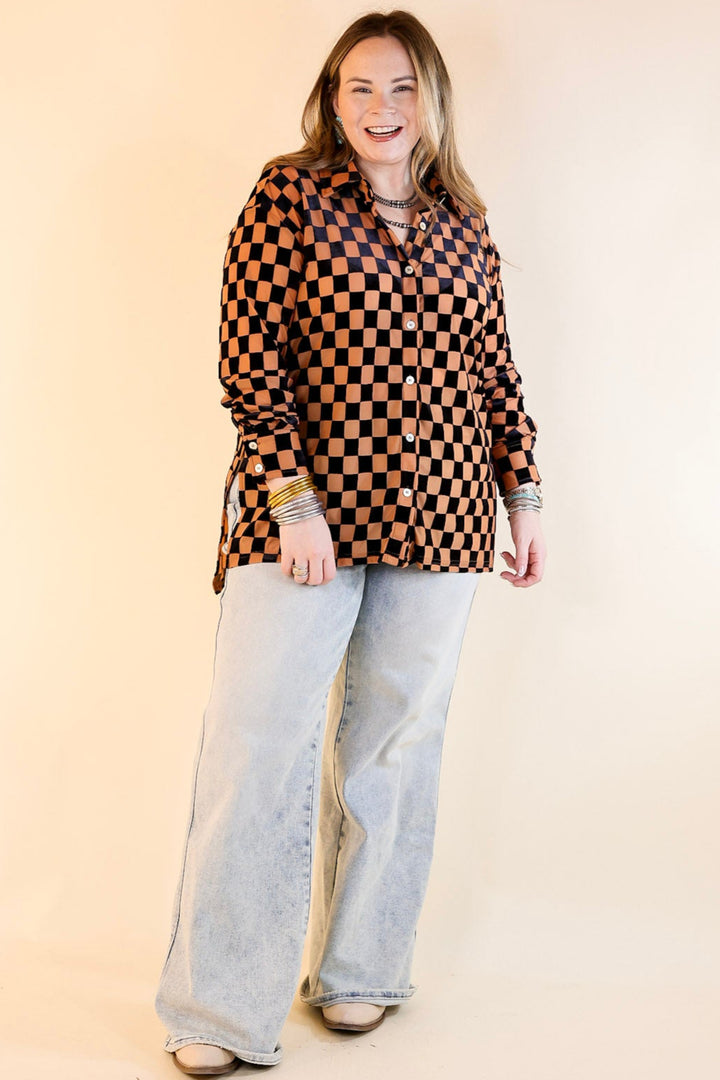 Style Icon Checkered Velvet Button Up Top in Black and Nude