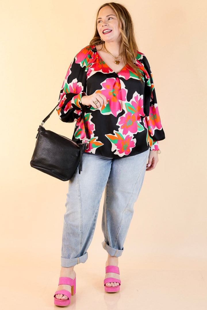 Peony Path Long Sleeve Floral Top with V Neckline in Black