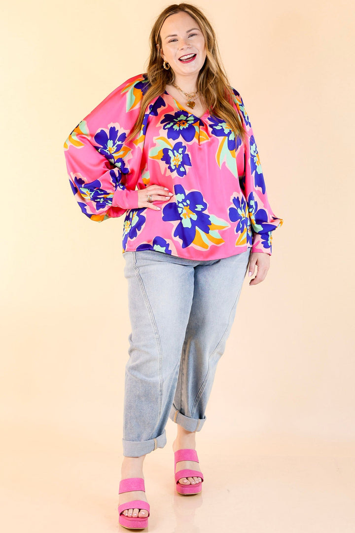 Peony Path Long Sleeve Floral Top with V Neckline in Pink