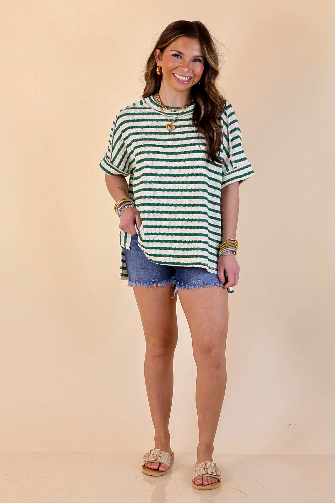 On The Daily Scoop Neck Short Sleeve Striped Textured Top in Kelly Green