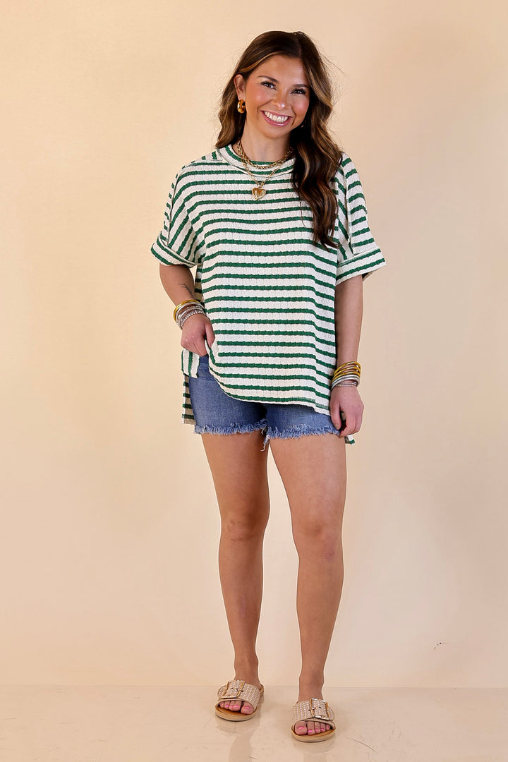 On The Daily Scoop Neck Short Sleeve Striped Textured Top in Kelly Green