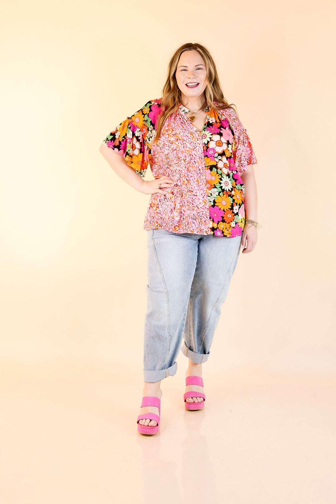 Double Time Abstract Print and Floral Print Top in Black and White